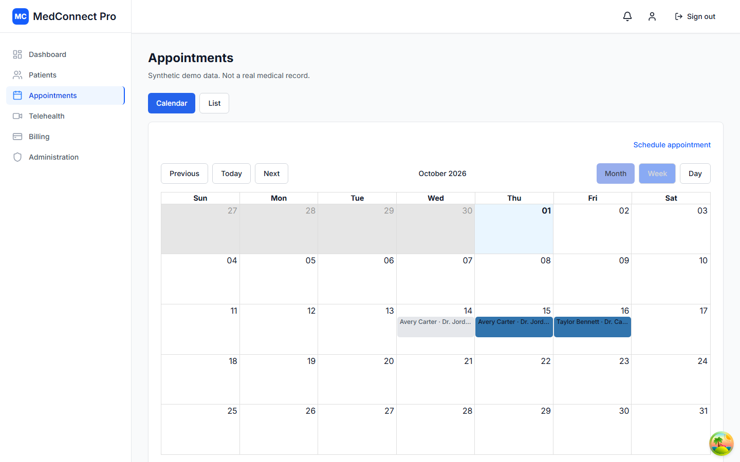 Appointments calendar with synthetic demo visits