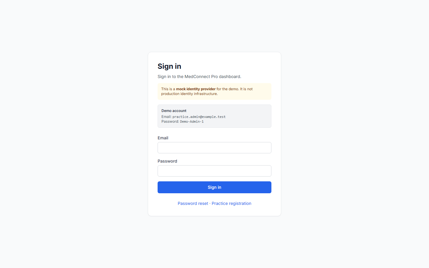 Mock identity sign-in form with synthetic demo credentials